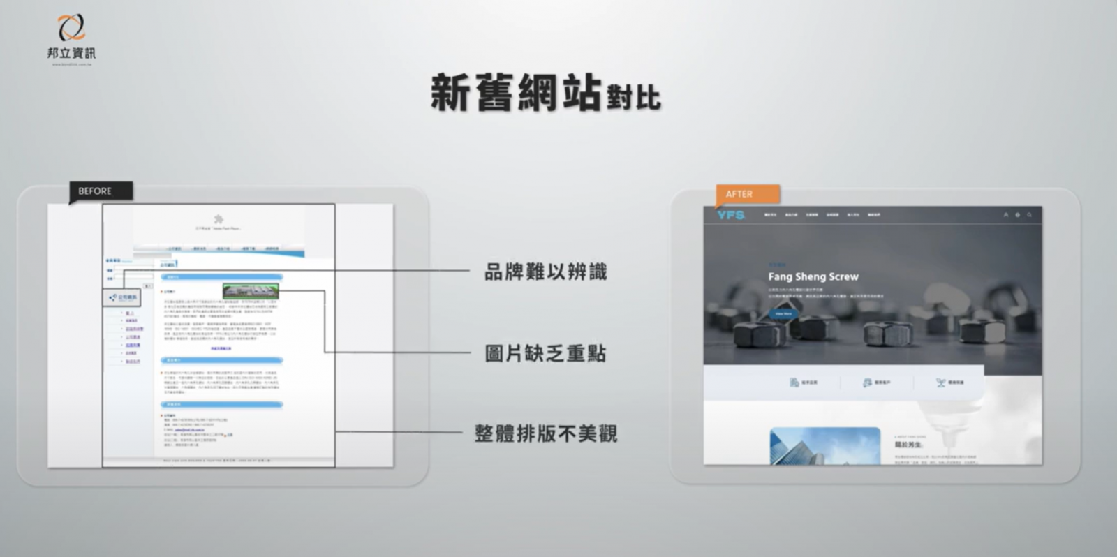 網站改版前後介面比較圖，呈現新版在品牌呈現與排版美感上的改善成效